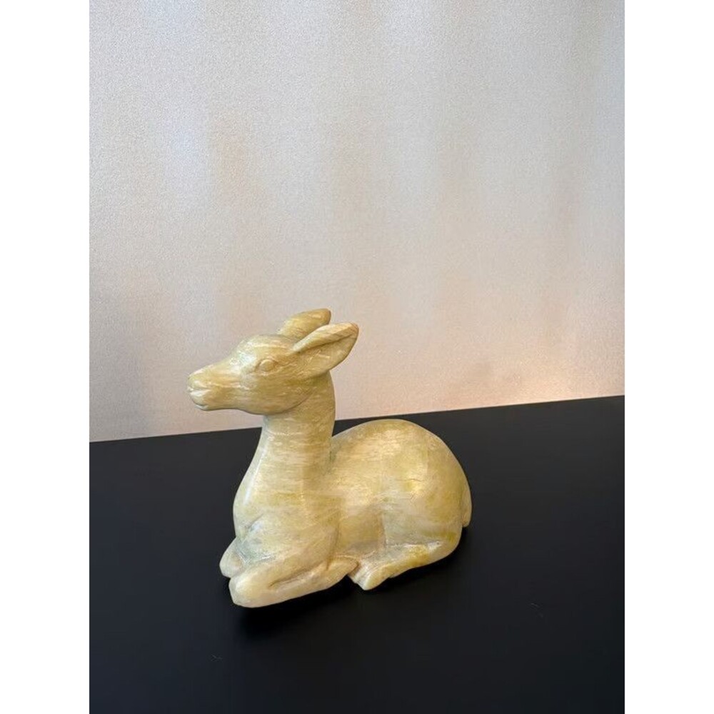 Carved Alabaster Deer Recumbent Stone Figurine Fawn Sculpture Cream